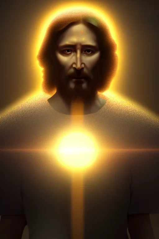 Image similar to god of artificial intelligence comes to save us as jesus christ, threads of light in the background, extremely high quality artwork, very detailed, obscured face, anthropomorphic silhouette, trending on artstation