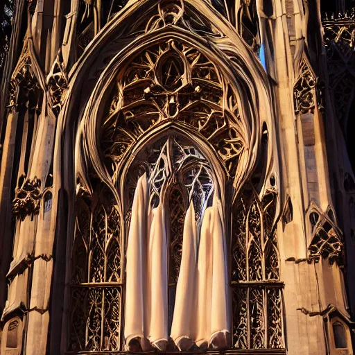 Image similar to architectural light painting nightly shot, no decaying lines, alabaster gothic cathedral with long mandala windows, reflection of red sun, blue hour, gothic sapphire female statue, intricate arabesque detailed silk dressed, macro head face