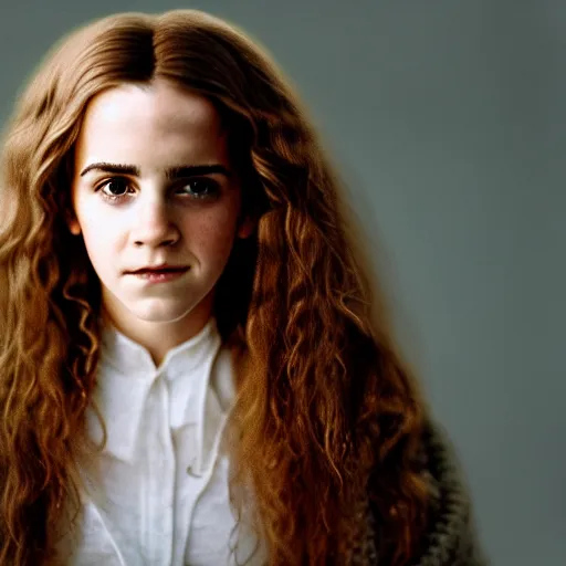 Image similar to beautiful hyperdetailed photograph of hermione granger portrrayed by emma watson, golden hour, soft focus, medium shot, 8 k, portra 4 0 0