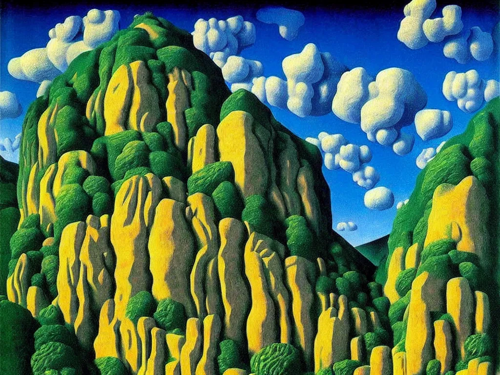 Prompt: A village carved into a mountain painted by René Magritte, surreal painting