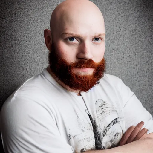 Prompt: realostic portrait of a 26 year old bald white man with a red beard, acting headshot, photograph