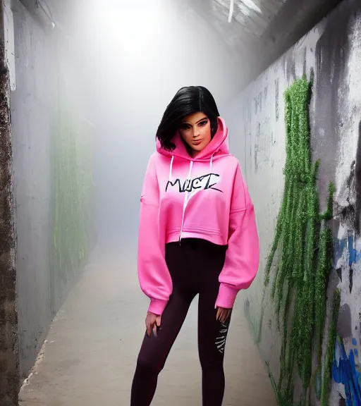 Image similar to kylie jenner doing graffiti in a derelict garage, dust mist, rural, rear shot, tight leggings with a pink hoody, mold, greenery