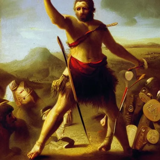 Image similar to high quality high detail painting, of david killing giant goliath