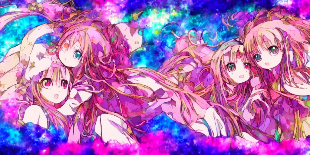Prompt: Dreamy psychedelic anime, extremely colorful, geometric, Madoka witch labyrinth, patchwork, photoshop, HDR, 4k, 8k, abstract, two anime girls standing within two raging colorful vortexes, detailed and cute faces on the anime girls, very cute and childlike, hugging, smiles and colors, stars as pupils, detailed eyes