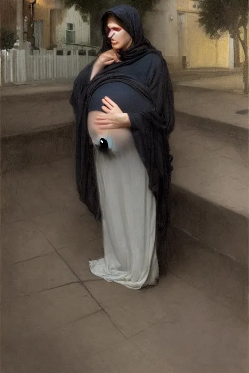 Prompt: pregnant woman under street light, casual wear, by Alyssa Monks, Bouguereau