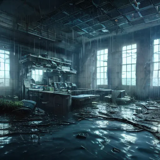 Image similar to flooded, desecrated, abandoned, cyberpunk science lab, ultra realistic, concept art, intricate details, eerie, highly detailed, photorealistic, octane render, 8 k, unreal engine, art by thomas dubois