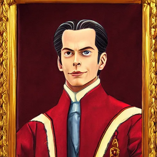 Prompt: a highly detailed portrait of miles edgeworth from ace attorney, inside a room with thick red tapestries, oil painting