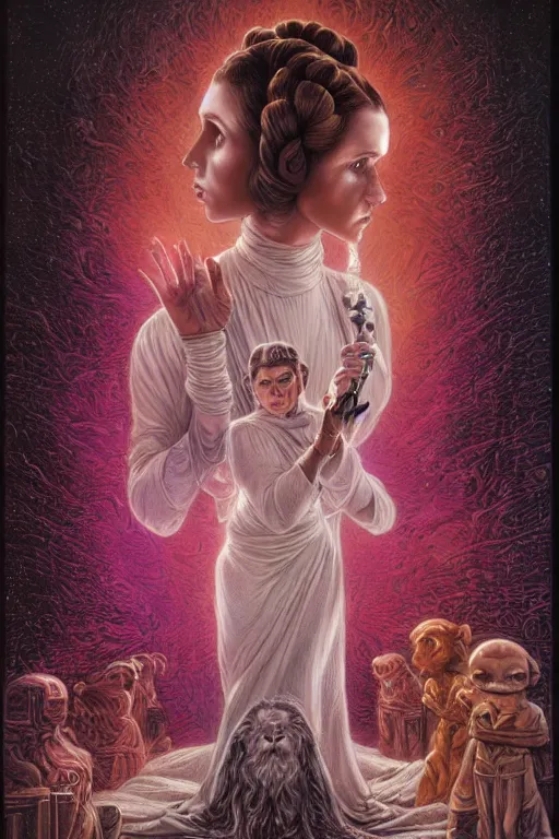 Image similar to highly detailed portrait of princess leia organa by alex grey, patrick woodroffe, mark ryden created by gustave dore and greg rutkowski, high detailed, smooth draw, synthwave neon retro, intricate, realistic proportions, dramatic lighting, trending on artstation