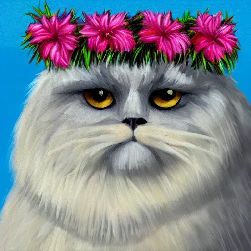 Image similar to anthropomorphic fluffy himalayan cat wearing hawaiian lei and flower crown, with palm tree background, detailed 4 k oil painting