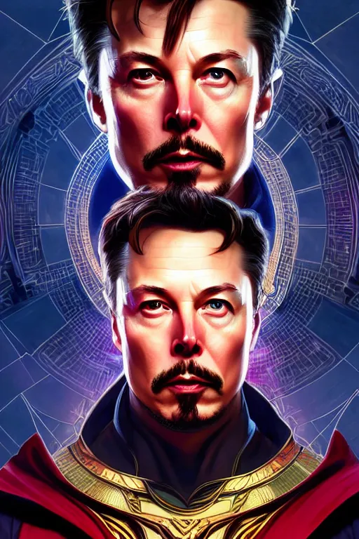 Image similar to elon musk as dr strange, realistic portrait, symmetrical, highly detailed, digital painting, artstation, concept art, smooth, sharp focus, illustration, cinematic lighting, art by artgerm and greg rutkowski and alphonse mucha