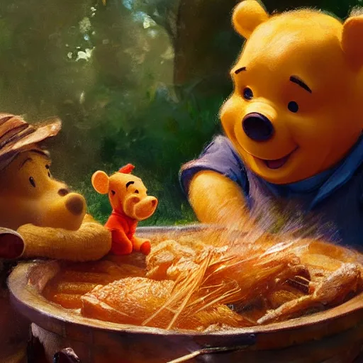 Image similar to close up of winnie the pooh cooking a hog roast, cinematographic shot, by daniel f. gerhartz