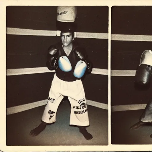 Prompt: old forgotten polaroid featuring: Rocky Raccoon, the oz-for-oz southpaw KING!!! raccoon boxing champion decked out in sparring gear. official vintage polaroid portrait from Raccoon Boxing Archives (1982).