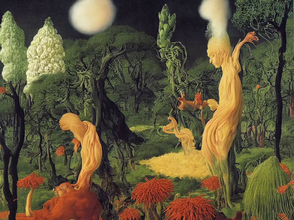 Prompt: albino mystic, with his back turned, with exotic beautiful chrysanthemum looking at a giant Sequoia forest burning with fire in the distance. Painting by Jan van Eyck, Audubon, Rene Magritte, Agnes Pelton, Max Ernst, Walton Ford