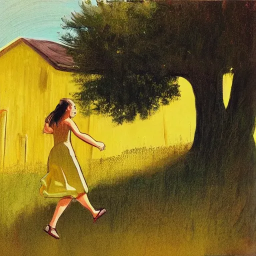 Prompt: “a woman runs sideways to the center of the frame in a yellow sundress at night, full height, in the background a slavic barn and bushes with trees”