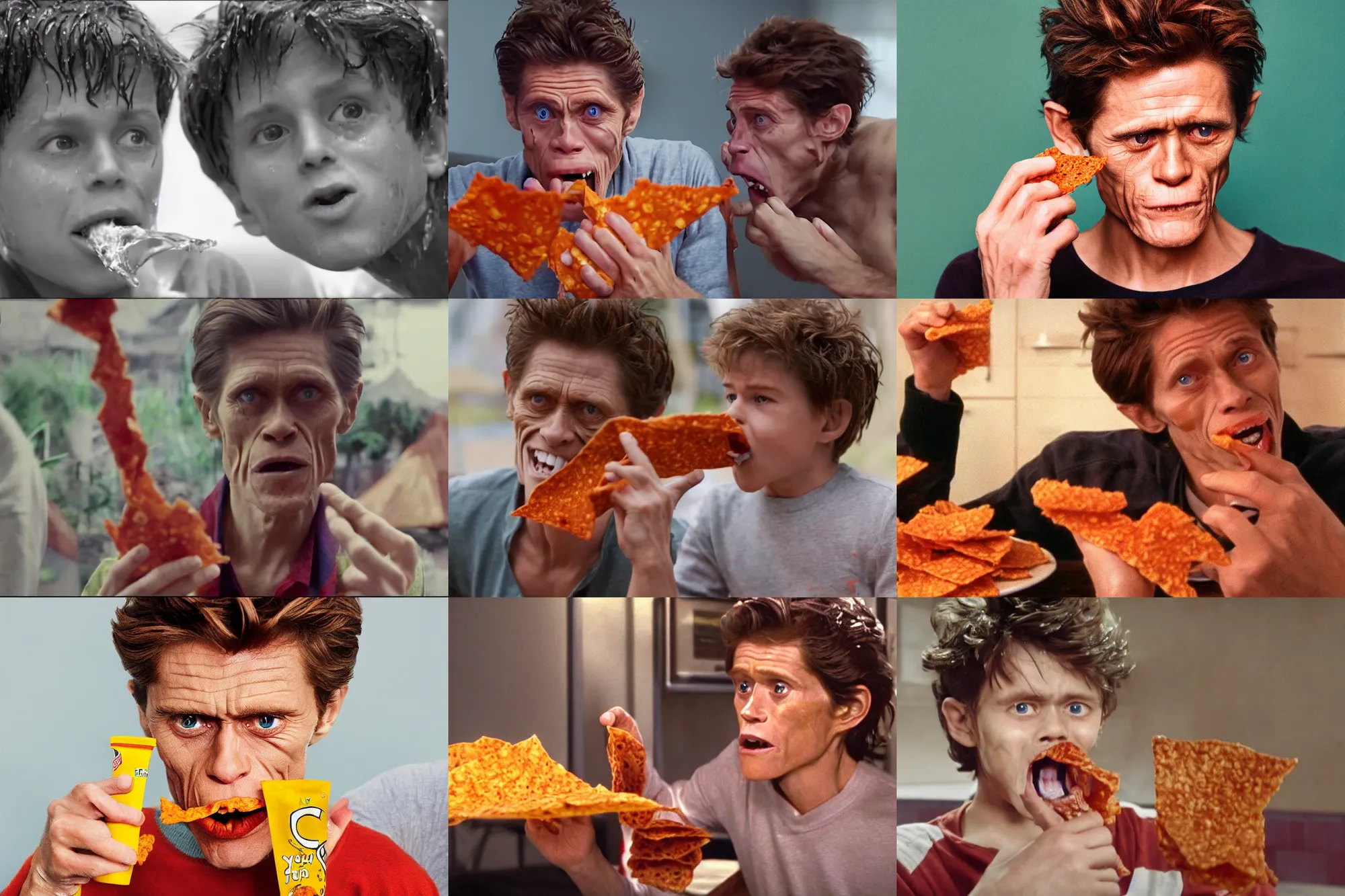 Prompt: young willem dafoe drinking dorito juice happily, wet mouth, dripping dorito juice, 2 0 1 5 viral advertisement, english text, food commercial 4 k