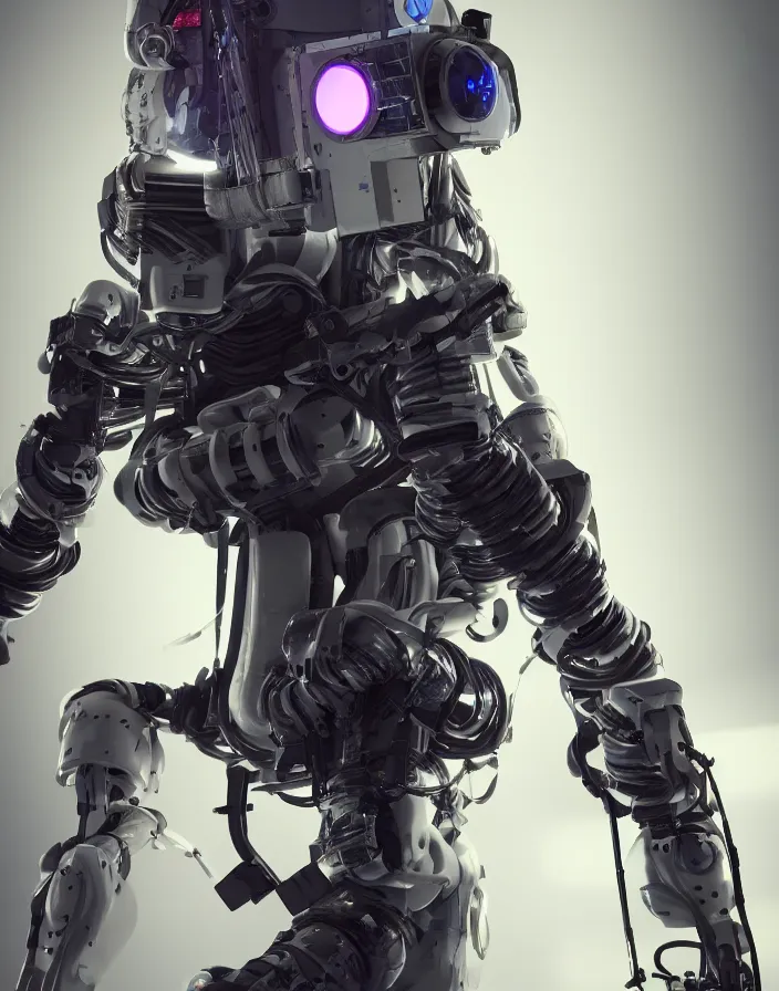 Image similar to full body portrait photo of american exosuit with digital led indicators, thin neon lighting, portrait photo, intricate details, ultra realistic, unreal engine 5, depth of field, bokeh, octane render, 8 k hd