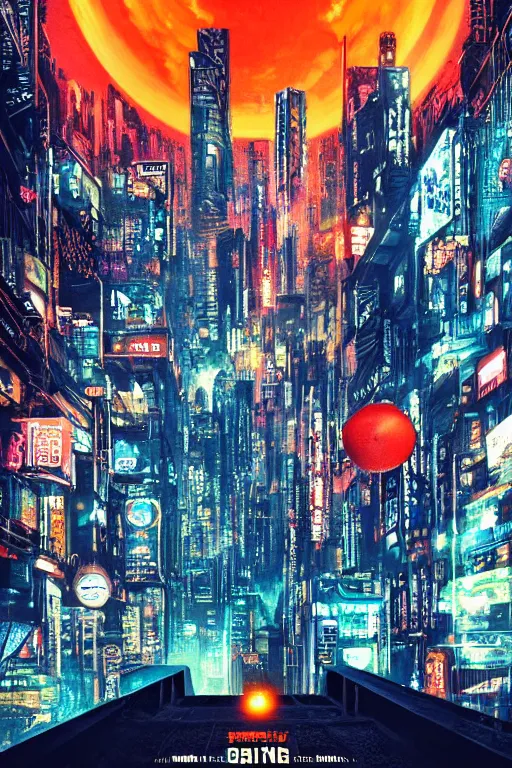 Image similar to movie poster for randypunk, intricate, orange sphere overlooking city, street gang, dramatic lighting, cyberpunk city, epic composition, bladerunner, tatsuki fujimoto