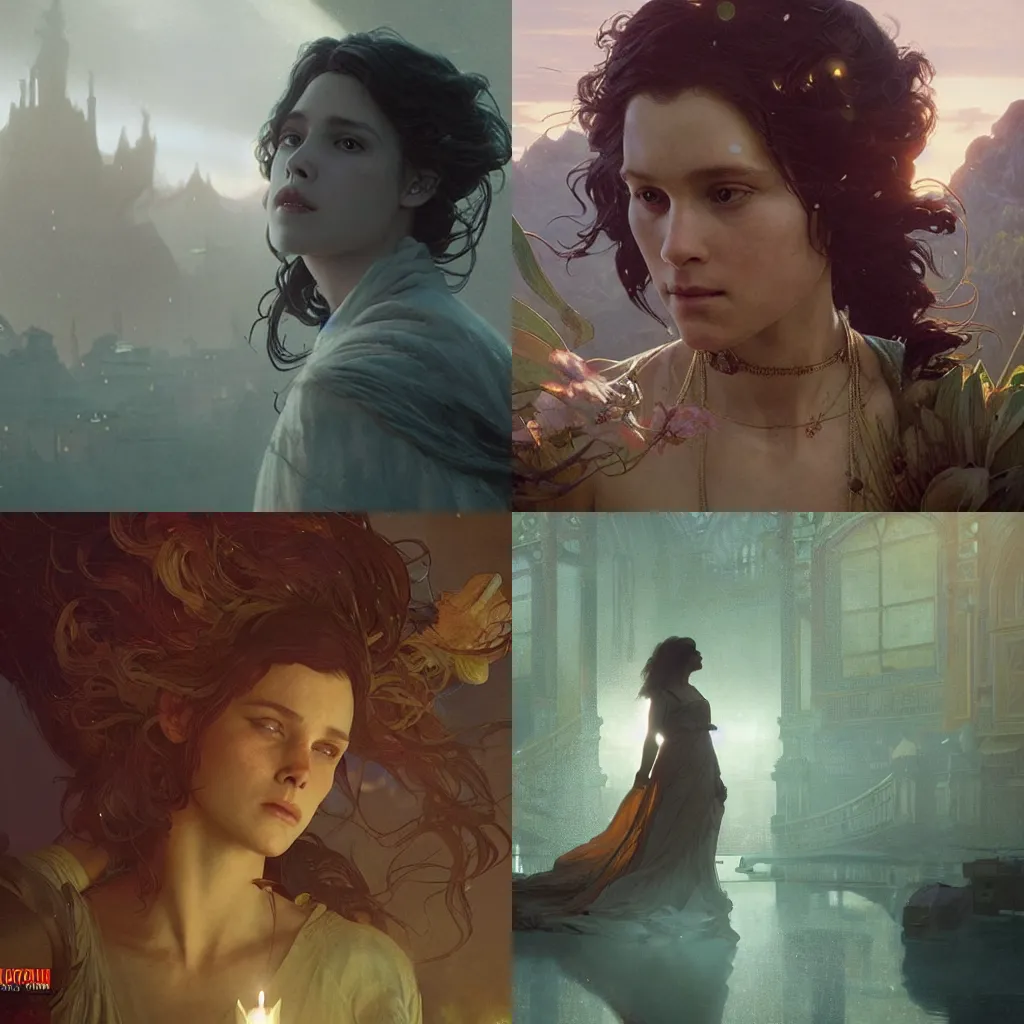 Prompt: music poured from her lips, volumetric lighting, epic composition, intricate details, by denis villeneuve , Greg Rutkowski and Alphonse Mucha