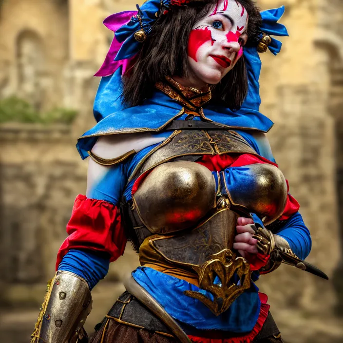 Prompt: photo of a real - life beautiful female jester warrior, 8 k, hdr, smooth, sharp focus, high resolution, award - winning photo