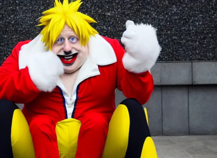 Image similar to Photo of Boris Johnson as Dr. Eggman from Sonic series, as Dr Ivo Eggman Robotnik form the Sonic The Hedgehog Games, sonic comics, wearing a red and yellow jumpsuit with black pants, sitting at the parlament meeting, giving an interview, highly detailed, 4k, HQ