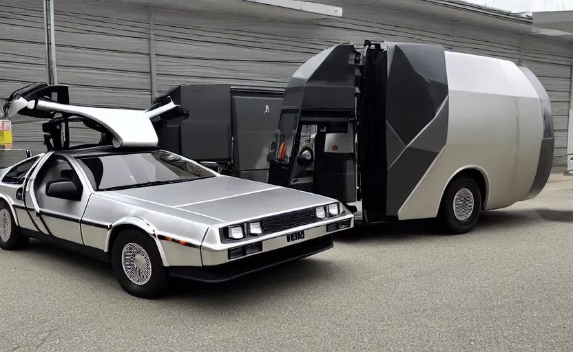 Prompt: a time-traveling delorean styled semi truck with trailer