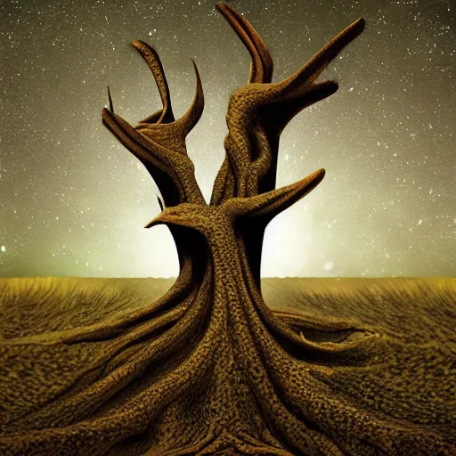 Image similar to surface of an alien planet with twisted trees t