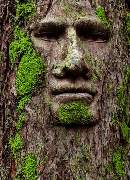 Image similar to photograph of hyperrealistic detailed ancient face in a tree covered with thick bark and moss