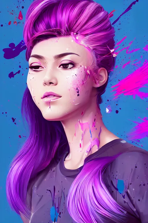 Image similar to a award winning half body portrait of a beautiful woman in a croptop and cargo pants with ombre purple pink teal hairstyle with head in motion and hair flying by artgerm, paint splashes, splatter, outrun, vaporware, shaded flat illustration, digital art, trending on artstation, highly detailed, fine detail, intricate