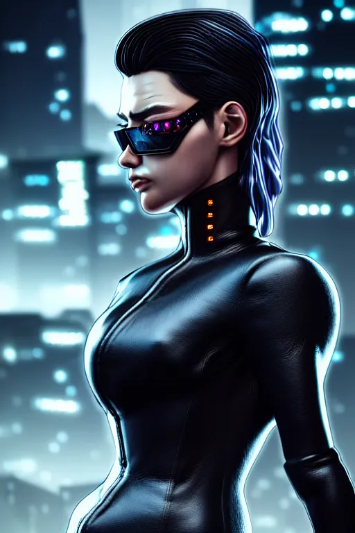 Image similar to hyperdetailed very close portrait of a stunning european woman with grey eyes in a leather suit with a pin in a cyberpunk city inspired by ross tran and wlop and masamune shirow and kuvshinov, concept art, intricate, photorealistic, octane render, rtx, hdr, unreal engine, dnd digital art by artgerm