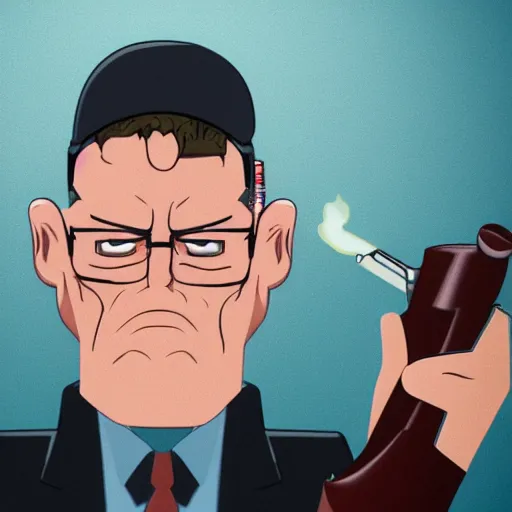 Image similar to angry hank hill with shotgun, extreme detail, studio light, photorealistic, live action, movie still, cinematic, bruised face, soft focus, well edited, 8 k, atmospheric, cigar,
