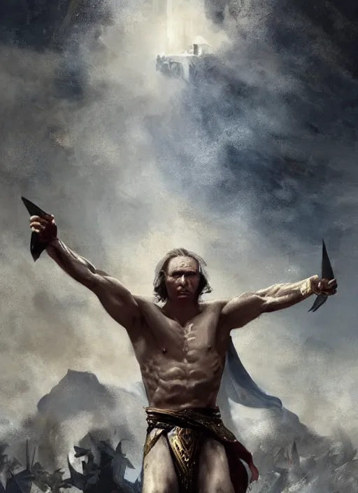 Prompt: vladimir putin as a magnificent beautiful greek god, movie 3 0 0 by greg rutkowski