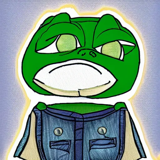 Image similar to pepe the frog head from 4chan on the body of a cartoon dog wearing a leather jacket and jeans