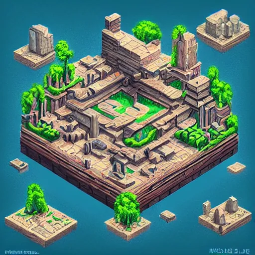 Prompt: impressive isometric world by michael whelan. beautiful high quality render.