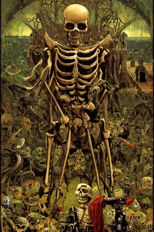 Prompt: a huge skeleton in full plate armor, channeling third eye energy, surrounded by a background of dark cyber mystic garden of earthly delights, midnight hour, painted part by wojciech siudmak, part by ilya repin, part by norman rockwell, part by hype williams, artstation