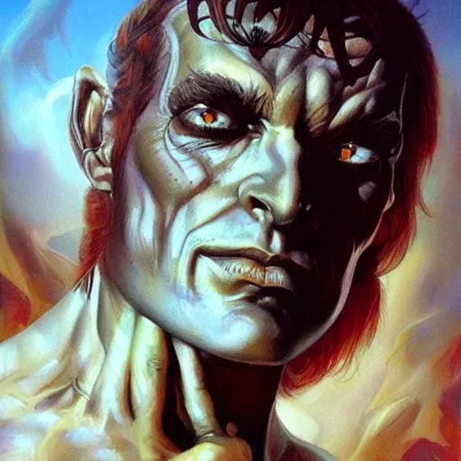 Image similar to detailed portrait of satan if he never fell from heaven lived intricate, hyper detailed, realistic, oil painting, by julie bell, frank frazetta, cinematic lighting