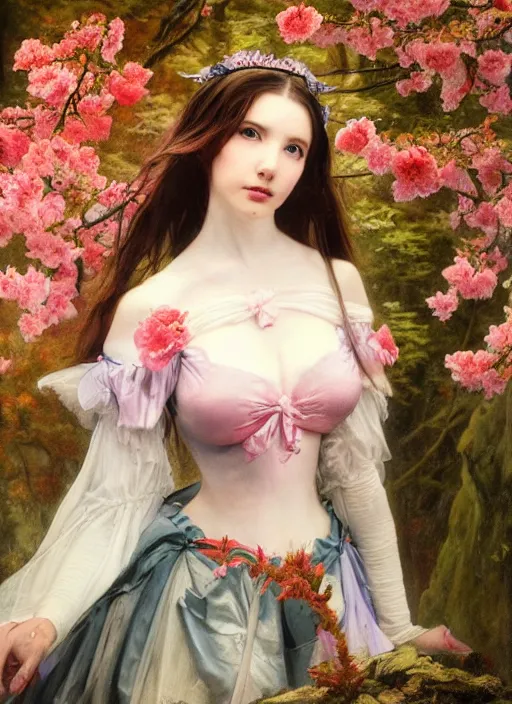Image similar to Amouranth as an evil princess by Frederick Edwin Church and James Jean, rule of thirds, seductive look, beautiful, in Harajuku Japan during sakura season, masterpiece, Refined