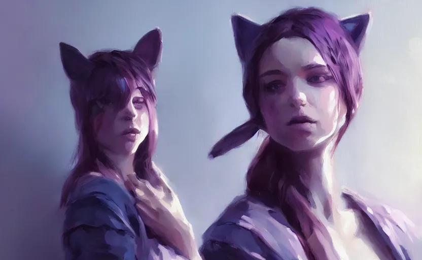 Prompt: a painting of swervy trending on artstation in the style of greg rutkowski, beautiful, sensual, woman with cat, cat ears, purple, portrait