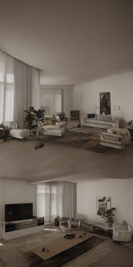 Prompt: photograph interior of 70's living room , octane render, unreal engine