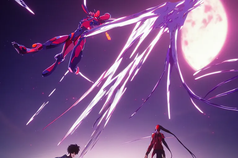 Image similar to evangelion's third impact, in the style of wlop, illustration, epic, fantasy, hyper detailed, smooth, unreal engine, sharp focus, ray tracing