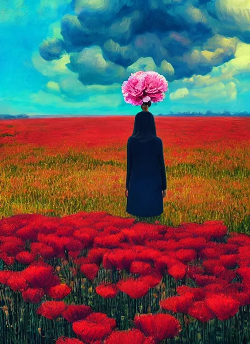 Image similar to woman with a giant carnation as a face, flower field, surreal photography, sunset dramatic light, impressionist painting, colorful clouds, blue sky, digital painting, artstation, simon stalenhag