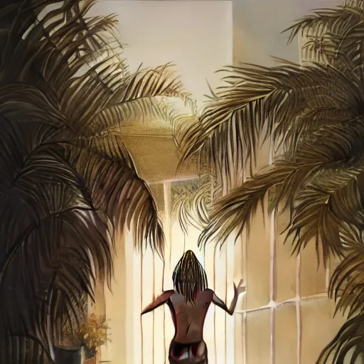 Image similar to indoor liminal space, golden light, greg rutkowski, palm trees, pink door, minimalistic, hyperrealistic surrealism, award winning masterpiece with incredible details, epic stunning, infinity pool mirrors, a surreal vaporwave liminal space with mirrors, highly detailed, trending on artstation, artgerm and greg rutkowski and alphonse mucha, daily deviation