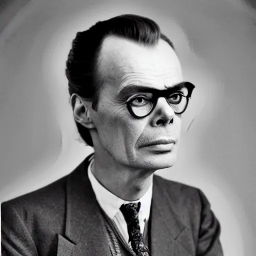 Prompt: a photorealistic portrait of aldous huxley wearing glasses