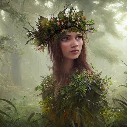 Prompt: forest creature, foliage cloak, flower crown, in an open forest, by Greg Rutkowski, trending on artstation, unreal engine, 4k, digital art
