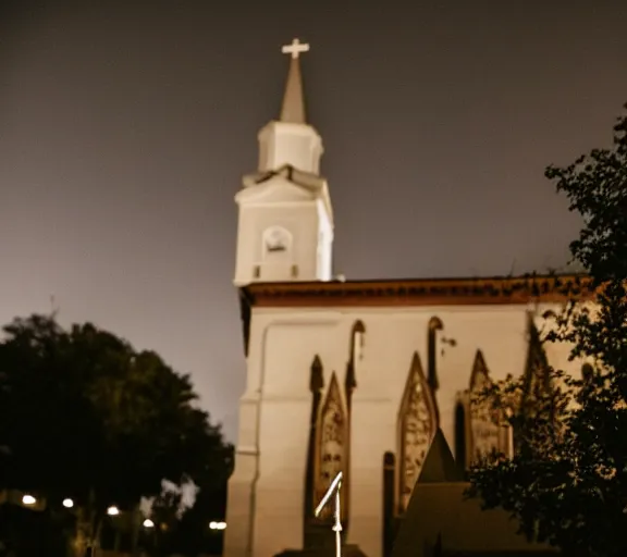 Image similar to Ghost standing in front of a church during in the night f1.8 anamorphic, bokeh, 4k, Kodachrome k135