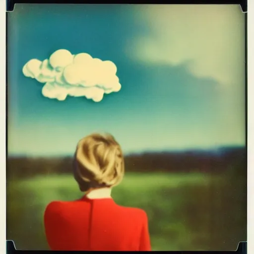 Image similar to vintage polaroid of a beautiful woman spotting a ufo in the sky, seen from behind, detailed clouds, warm azure tones, red color bleed, film grain