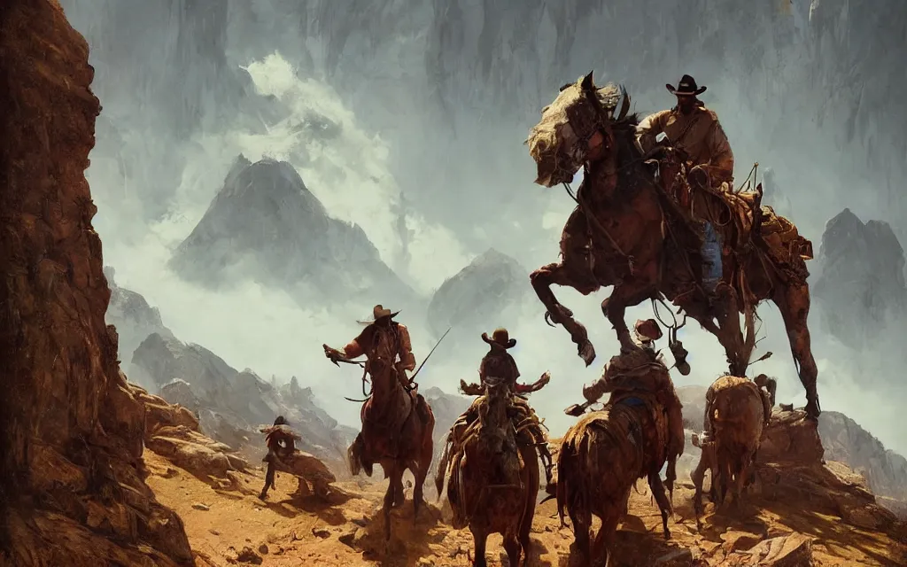 Prompt: a highly detailed epic cinematic concept art CG render digital painting artwork: Group of cowboys travelling to the mountains of destiny. By Greg Rutkowski, in the style of Francis Bacon and Syd Mead and Norman Rockwell and Beksinski, open ceiling, highly detailed, painted by Francis Bacon and Edward Hopper, painted by James Gilleard, surrealism, airbrush, Ilya Kuvshinov, WLOP, Stanley Artgerm, very coherent, triadic color scheme, art by Takato Yamamoto and James Jean