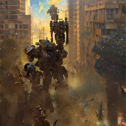 Image similar to six meters tall mech fighting in an urban environment, highly detailed painting by gaston bussiere craig mullins jc leyendecker gustav klimt artgerm greg rutkowski john berkey, bergey, craig mullins, ruan jia, raymond swanland, jeremy mann, tom lovell, alex malveda