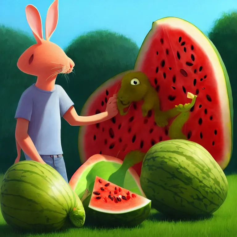 Image similar to Goro Fujita illustrating a rabbit eating a giant watermelon, art by Goro Fujita, sharp focus, highly detailed, ArtStation