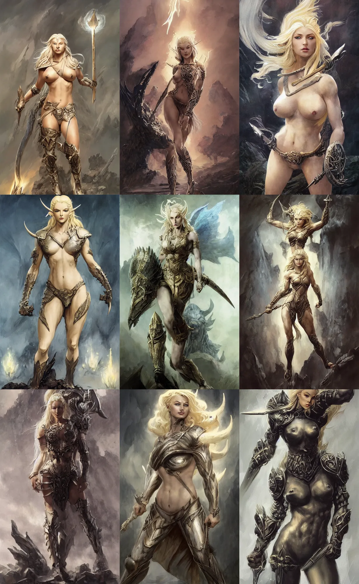Prompt: A mixed media painting of the beautiful blonde goddess of war infused with lightning, very aesthetic, curvy, detailed face, elven armor, by Frank Frazetta, Greg Rutkowski, Boris Vallejo, Beeple, Yoko Taro, Christian MacNevin, epic fantasy character art, goddess of anger, viking runes, high fantasy, CGsociety, full length, exquisite detail, post-processing, low angle, masterpiece, cinematic, odin's stone arena background