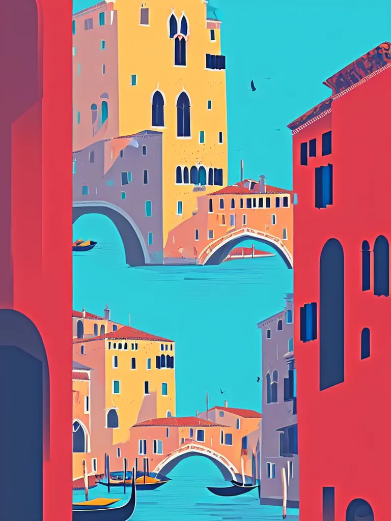 Prompt: a travel poster illustration depicting venice, minimalist, digital painting, vector art, trending on artstration, by anton fadeev, by alena aenami